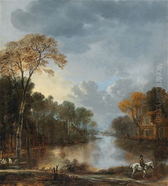 A Landscape At Twilight With A Horseman Pulling A Boat Along A Canal Oil Painting by Aert van der Neer