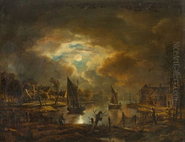 Kleiner Hafen Mit Segelschiffen Und Figurenstaffage Bei Vollmond Oil Painting by Aert van der Neer