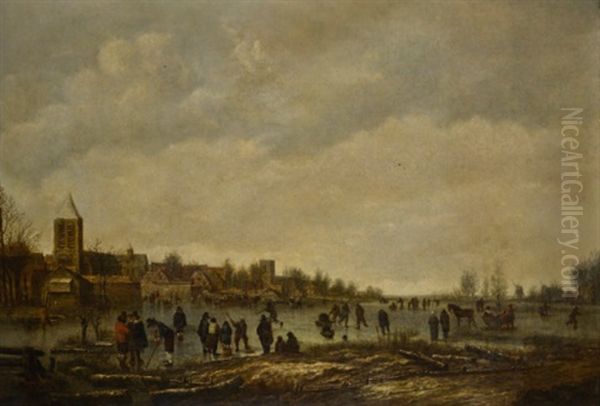 Winter Landscape With Skaters And Golfers On A Frozen River Near A Village Oil Painting by Aert van der Neer