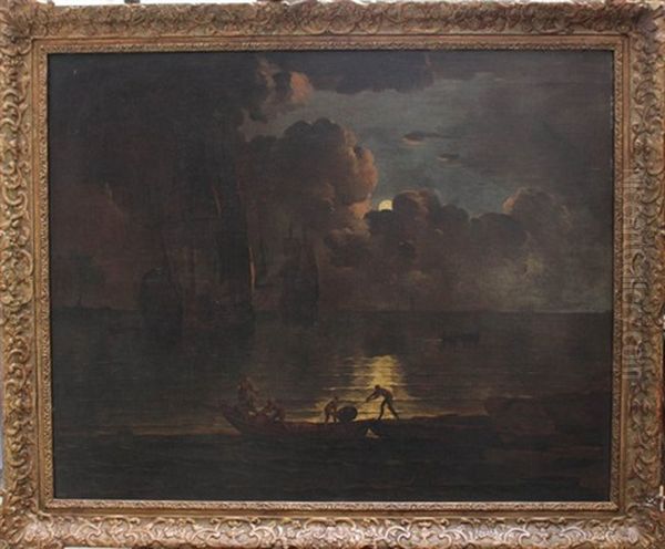 Large Seascape With Ships On Calm Water At Moonlight And Some Sailors Carrying Barrels On A Boat In The Foreground Oil Painting by Aert van der Neer