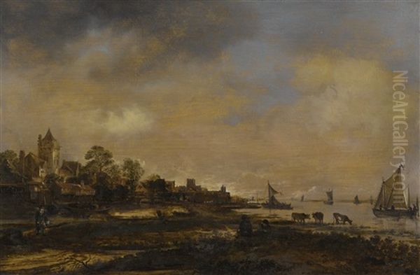 Wide River Landscape With A Castle And A Village, At Sunset Oil Painting by Aert van der Neer