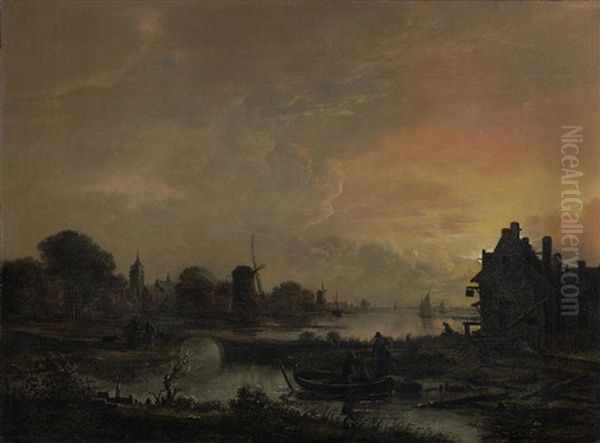 An Evening Landscape With Fishermen In The Foreground Oil Painting by Aert van der Neer