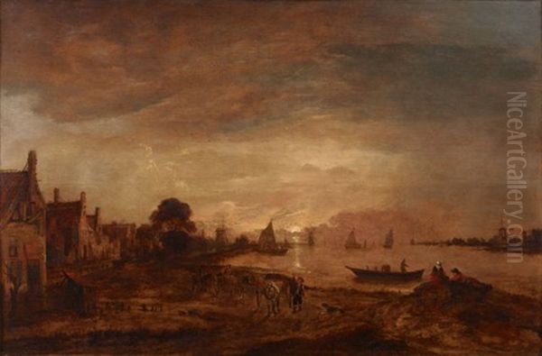 Estuaire Au Couchant Anime De Personnages Oil Painting by Aert van der Neer