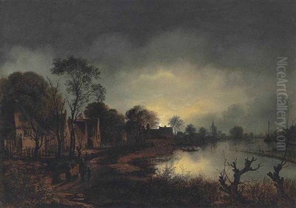 A River Landscape At Dusk With Figures Walking Along A Path, A Church In The Distance Oil Painting by Aert van der Neer