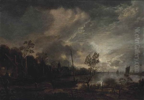 A Moonlit River Landscape With Shipping And A Town Beyond Oil Painting by Aert van der Neer