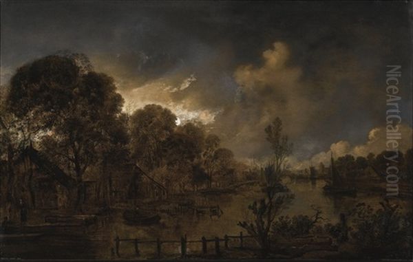 A Canal By Moonlight Oil Painting by Aert van der Neer