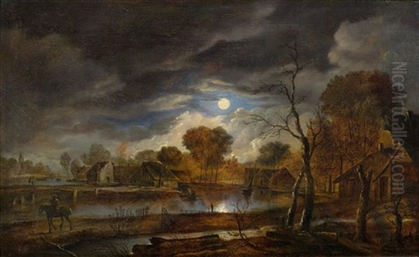 A Moonlit Landscape Oil Painting by Aert van der Neer