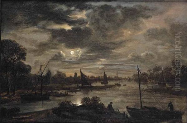 A Moonlit River Landscape With A Village Beyond Oil Painting by Aert van der Neer