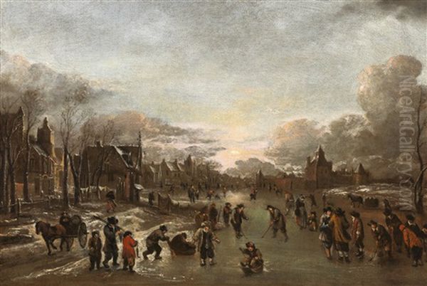 A Winter Scene At Sunset Oil Painting by Aert van der Neer