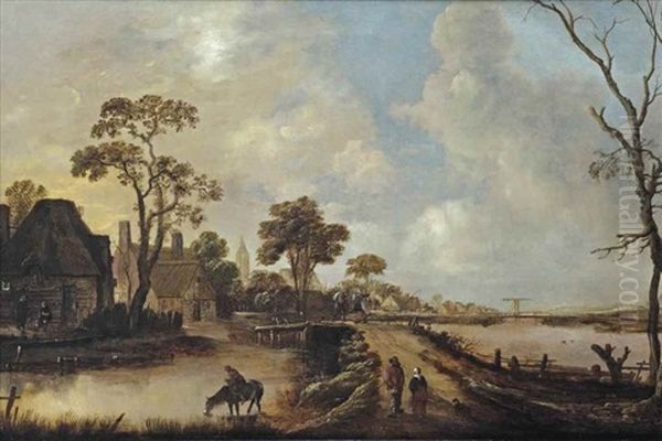 A River Landscape With Travellers On A Sandy Road Near A Village Oil Painting by Aert van der Neer