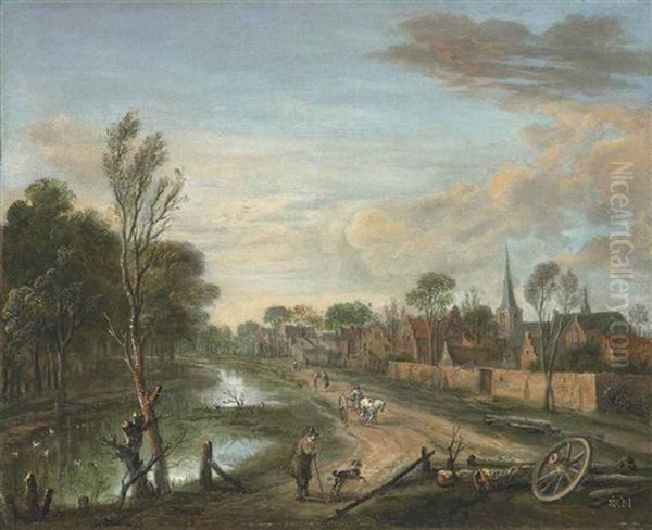 A Wooded Landscape With Travellers On A Path By A Canal, A Town Beyond Oil Painting by Aert van der Neer