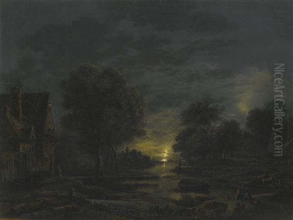 A Moonlit River Landscape With Two Men Resting On The Bank, A Village Beyond Oil Painting by Aert van der Neer