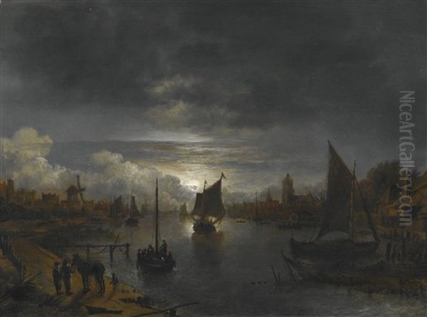 A River Landscape By Moonlight With Boats And Settlements On Both Banks Oil Painting by Aert van der Neer