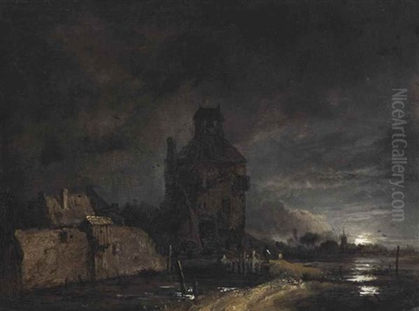 A Moonlit River Landscape With A Bell Tower And A City Wall Oil Painting by Aert van der Neer