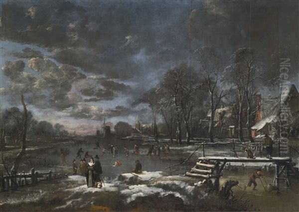 Skaters And Kolf Players On A Frozen River Bordering A Village Oil Painting by Aert van der Neer