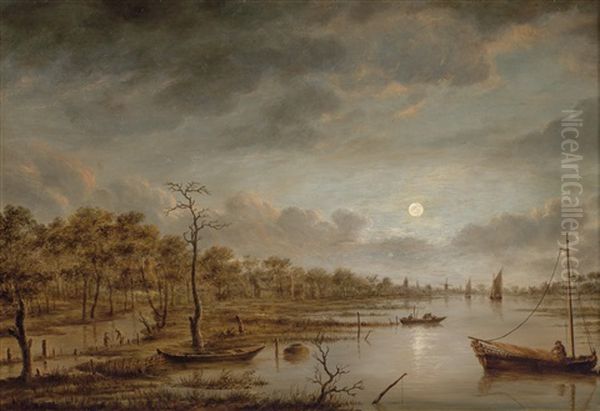 Eine Flusslandschaft Mit Fischerbooten Bei Abendstimmung Oil Painting by Aert van der Neer