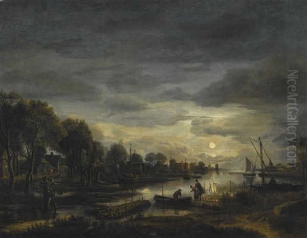 River Landscape By Moonlight, A Village On The Left Bank Between Trees Oil Painting by Aert van der Neer