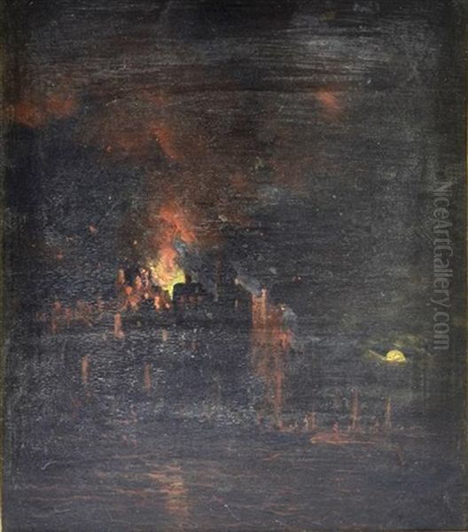 Continental Scene With A City Burning By Moonlight Oil Painting by Aert van der Neer