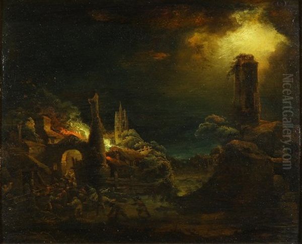 A Moonlit Landscape With A Burning Village Oil Painting by Aert van der Neer