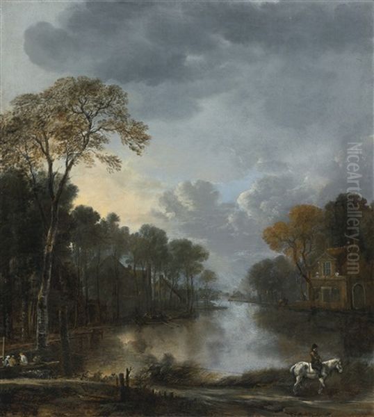 Landscape At Twighlight With A Horseman Pulling A Boat Along A Canal Oil Painting by Aert van der Neer