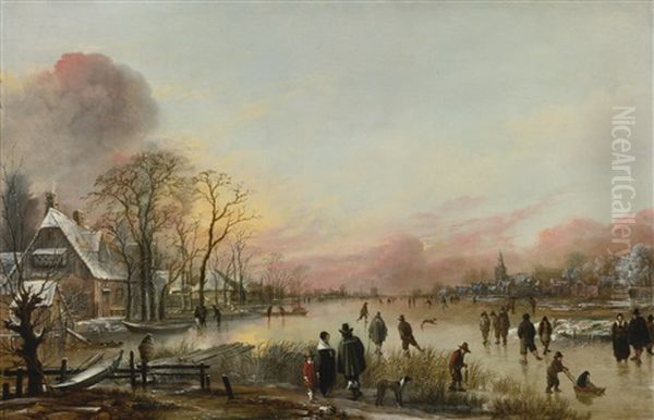 Frozen River At Sunset Oil Painting by Aert van der Neer