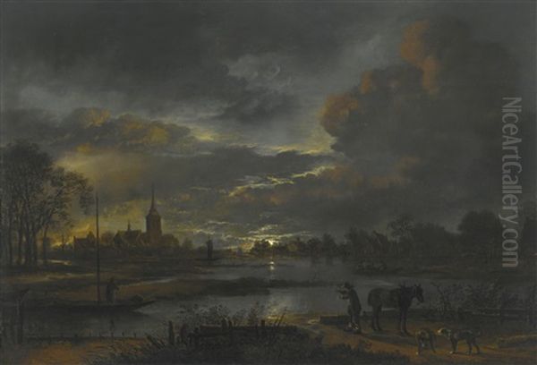 A Wide Moonlit River Landscape With Figures Fishing, A Village Beyond Oil Painting by Aert van der Neer