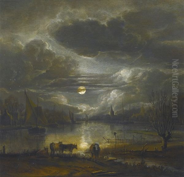 A Wide River Landscape By Moonlight With Four Cows Oil Painting by Aert van der Neer