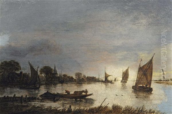 View Of A Lakeside Town At Dusk, With Sailing Boats And A Ferry Crossing The Water Oil Painting by Aert van der Neer