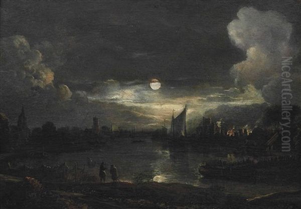 A Moonlit River Landscape With Figures On A Shore And A City With A House On Fire, Shipping Beyond Oil Painting by Aert van der Neer