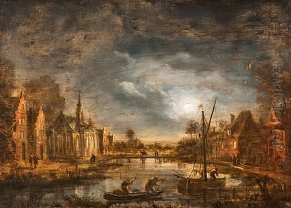 Ansicht Einer Stadt Mit Fluss Bei Mondschein Oil Painting by Aert van der Neer