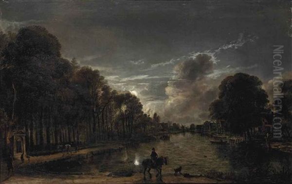 A Moonlit Wooded Landscape With A Horseman And Other Figures By A Canal, A Town Beyond Oil Painting by Aert van der Neer