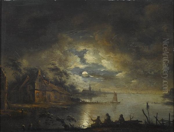 Mondbeschienene Flusslandschaften (pair) Oil Painting by Aert van der Neer