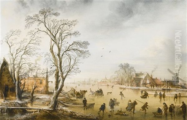 A Winter Landscape With Skaters And Kolf Players On A Frozen River By A Village Oil Painting by Aert van der Neer