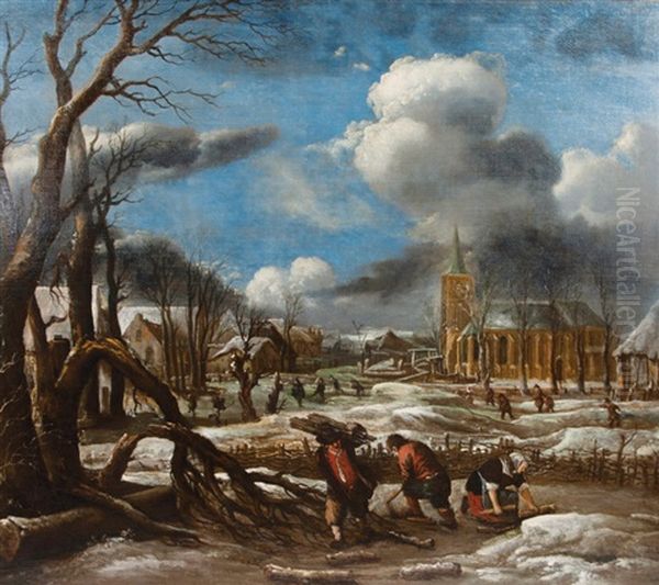 Winter Landscape With Wood Gatherers Oil Painting by Aert van der Neer