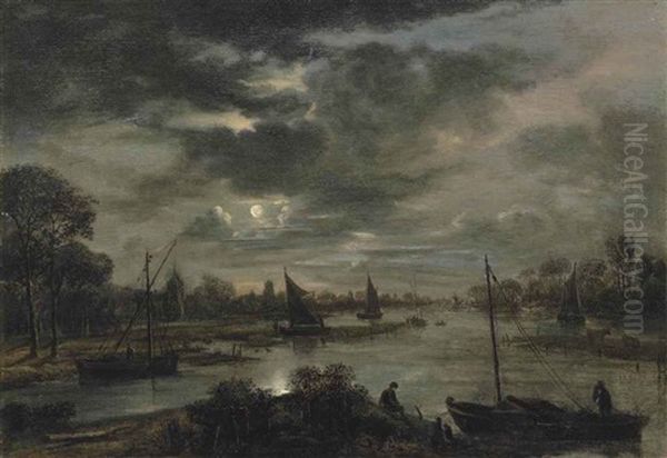 A Moonlit Landscape With Boats And Figures On A Canal, A Village With A Church Beyond Oil Painting by Aert van der Neer