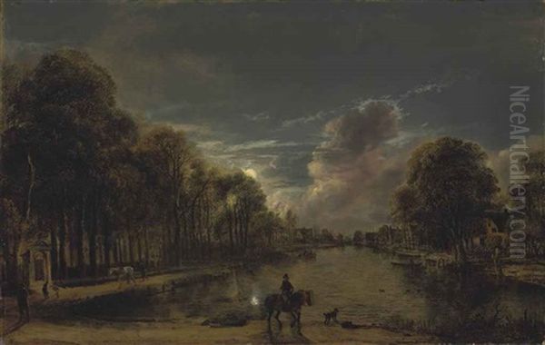 A Moonlit Wooded Landscape With A Rider And Other Figures By A Canal, A Village Beyond Oil Painting by Aert van der Neer