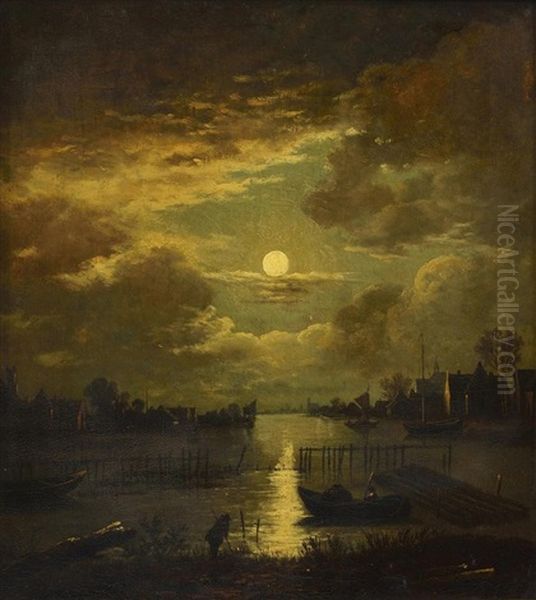 Paysage Fluvial Sous La Pleine Lune Avec Homme Sur Les Berges Et Personnage Dans Une Barque Oil Painting by Aert van der Neer