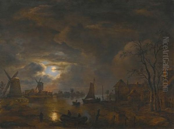 A Moonlight Landscape With Windmills Along The Banks Of A River Oil Painting by Aert van der Neer