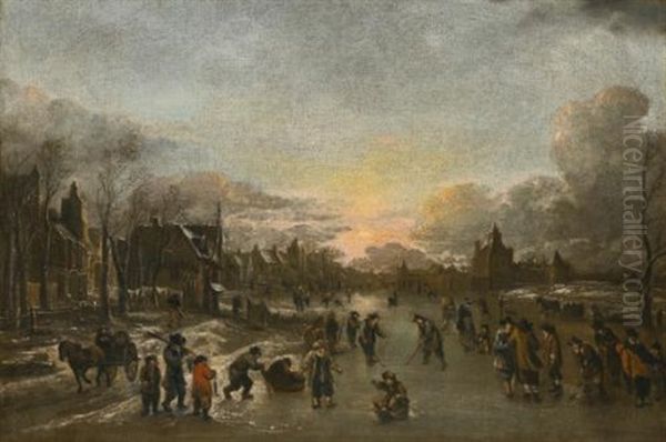 A Winter Landscape At Sunset With Figures Playing Kolf On The Ice Oil Painting by Aert van der Neer