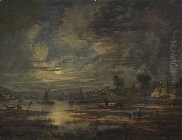 A Moonlit River Landscape With Boats, Cows, Figures And A Town Beyond Oil Painting by Aert van der Neer