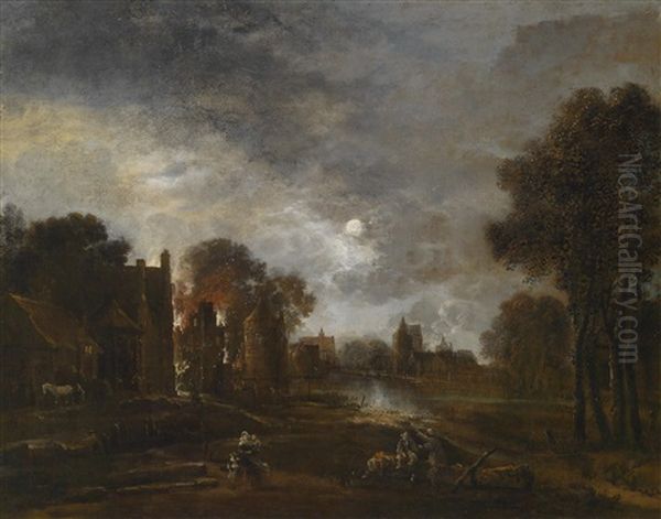 Vollmondbeschienene Flusslandschaft Mit Einer Brennenden Stadt Oil Painting by Aert van der Neer