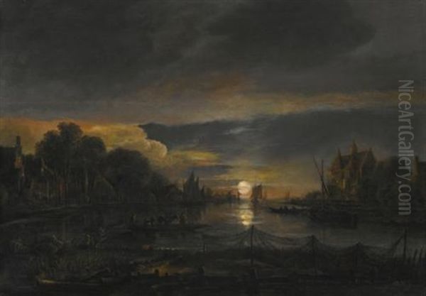 A River Landscape At Sunset, With Figures Ferrying Across A River, A Village Beyond Oil Painting by Aert van der Neer