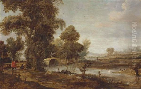 An Extensive River Landscape With Figures In The Foreground, A Dog Chasing Geese, And A Church Beyond Oil Painting by Aert van der Neer