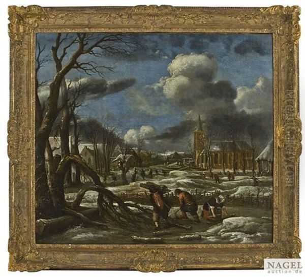 Winterliche Landschaft Nahe Einer Stadt Mit Holzsammlern Im Vordergrund Oil Painting by Aert van der Neer