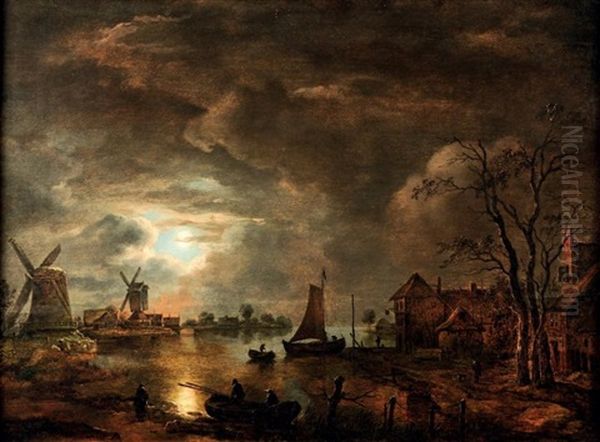 Paysage Aux Moulins Et Voilier Sur Une Riviere Oil Painting by Aert van der Neer