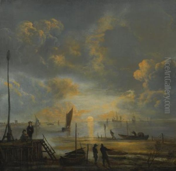 A Coastal Landscape At Dusk, With Figures Drawing In Their Boats In The Foreground Oil Painting by Aert van der Neer