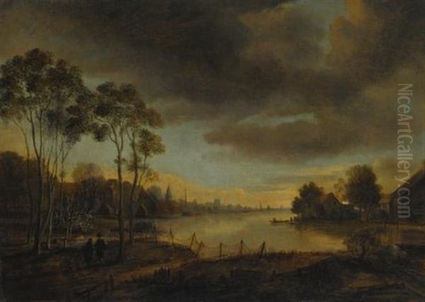 A River Landscape At Dusk With Two Figures Walking Along A Path, A Village Beyond Oil Painting by Aert van der Neer