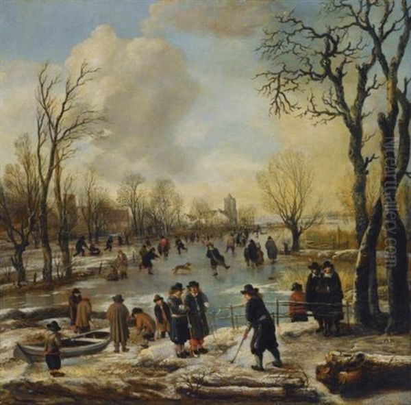 A Winter Landscape With Villagers Skating And Playing Kolf On A Frozen Canal, A Village Beyond Oil Painting by Aert van der Neer