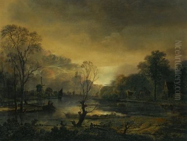 A River Landscape At Sunset With Fishermen Drawing In Their Net In The Foreground, Windmills Beyond Oil Painting by Aert van der Neer