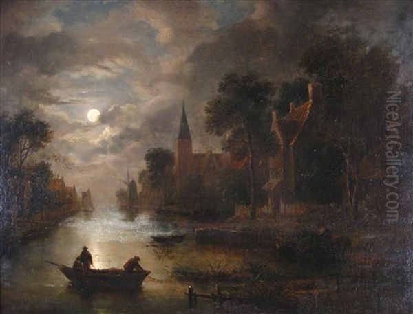 A Moonlight River Landscape With Two Fishermen On A Boat And A Village On Its Right Bank Oil Painting by Aert van der Neer